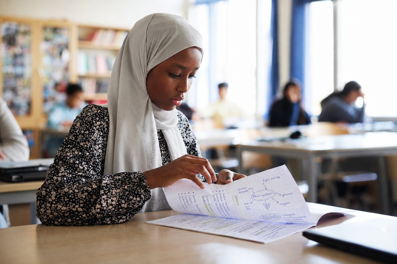 GCSE student focused on classwork in a bright classroom